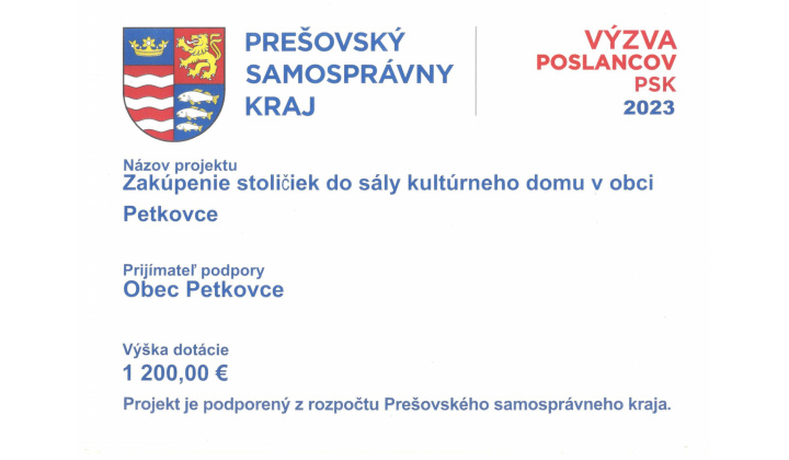 Zakúpenie stoličiek do sály kultúrneho domu v obci Petkovce