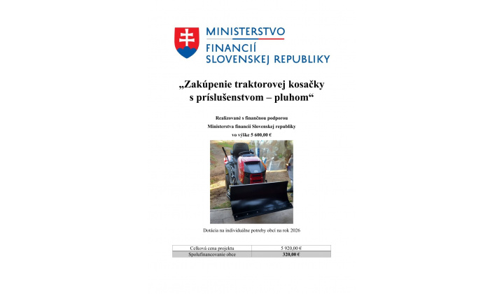 Zakúpenie traktorovej kosačky s príslušenstvom - pluhom