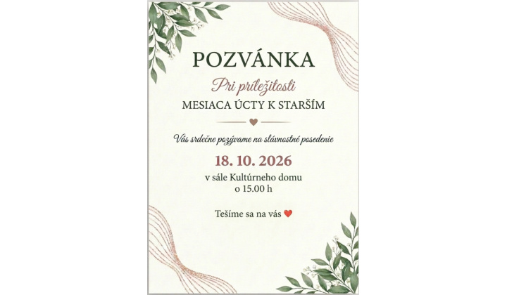 Pozvánka pri príležitosti MESIACA ÚCTY K STARŠÍM
