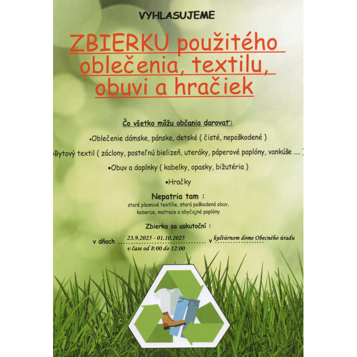 Zbierka použitého oblečenia, textilu, obuvi a hračiek